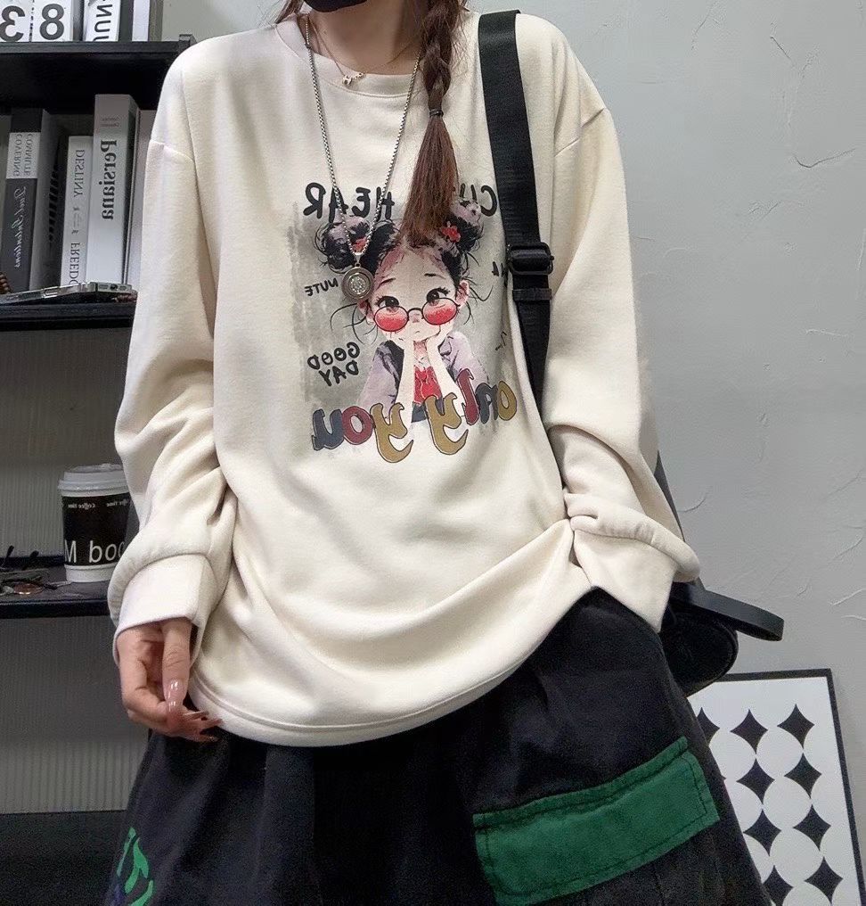 韩版宽松大码德绒加厚个性印花套头卫衣女2025秋冬新款打底上衣潮