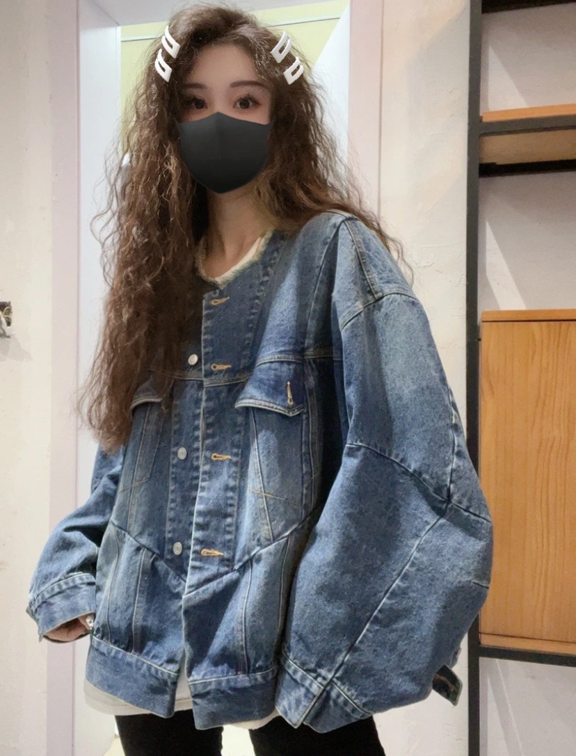 2024春款时尚百搭休闲宽松复古圆领轮廓时尚休闲气质牛仔外套女