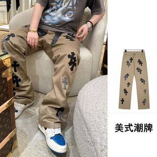 高街美式潮牌十字架牛仔裤男宽松刺绣微喇叭长裤子多巴胺男女同款