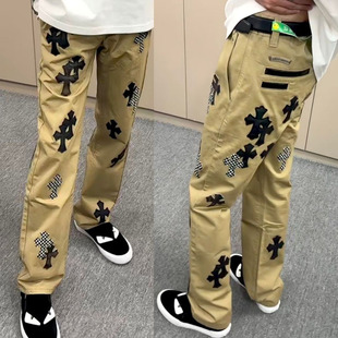 2025新款美式潮牌卡其色微喇叭裤子男春秋季十字架情侣嘻哈牛仔裤