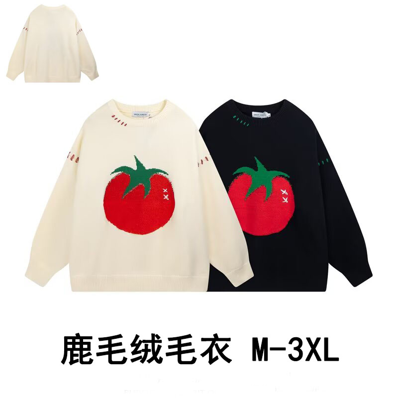 秋冬新款番茄刺绣针织衫男女设计感宽松圆领毛衣情侣潮流创意上衣