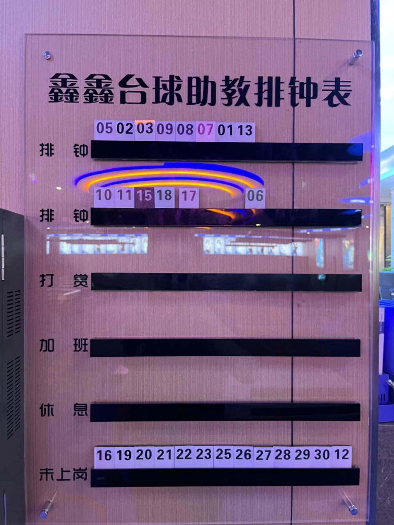 台球室助教排钟表美发店流水牌美甲金店工作牌轮牌美容店工号牌