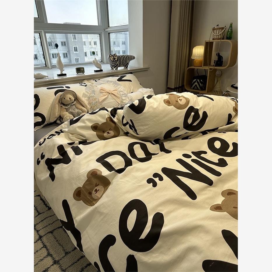 ins北欧简约字母小熊100全棉床上四件套纯棉被套床单笠宿舍三件套