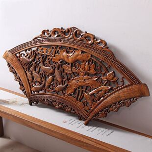 中式客厅背景墙装饰画墙上装饰品办公室玄关实木花格扇形仿古挂件