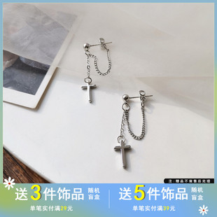 S925银针个性十字形吊坠耳钉创意链条一体后挂式耳环潮人耳夹2574
