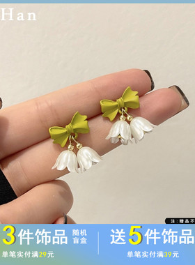 S925银针甜美小清新绿色蝴蝶结耳钉气质甜美花朵耳环淑女耳饰4992