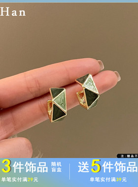 S925银针韩国复古撞色耳钉简约三角几何C字耳环早春新款耳饰4898