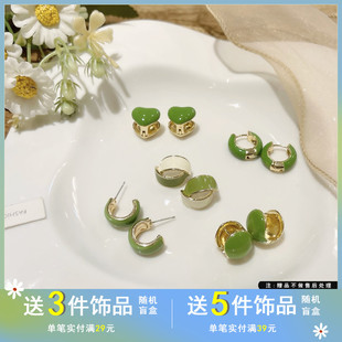 S925银针夏季 耳饰 小清新绿色系列耳钉ins风爱心C字耳环2022年新款