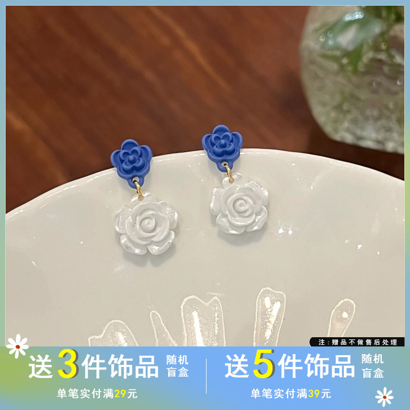 觅韩S925银针气质小香风花朵耳钉蓝白撞色耳饰ins设计感耳环5002