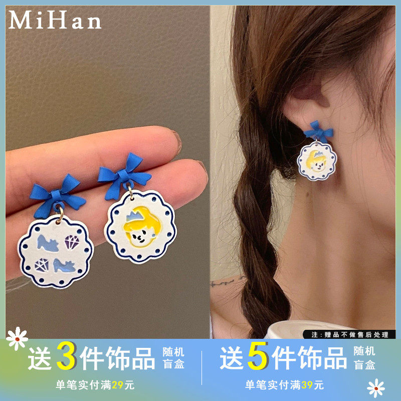 S925银针日韩系卡少女耳钉小清新蓝色蝴蝶结耳环不对称耳饰女4460