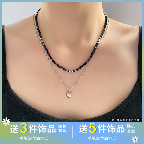 觅韩ins风黑色串珠银色爱心双层项链高级感卫衣链气质锁骨链7690