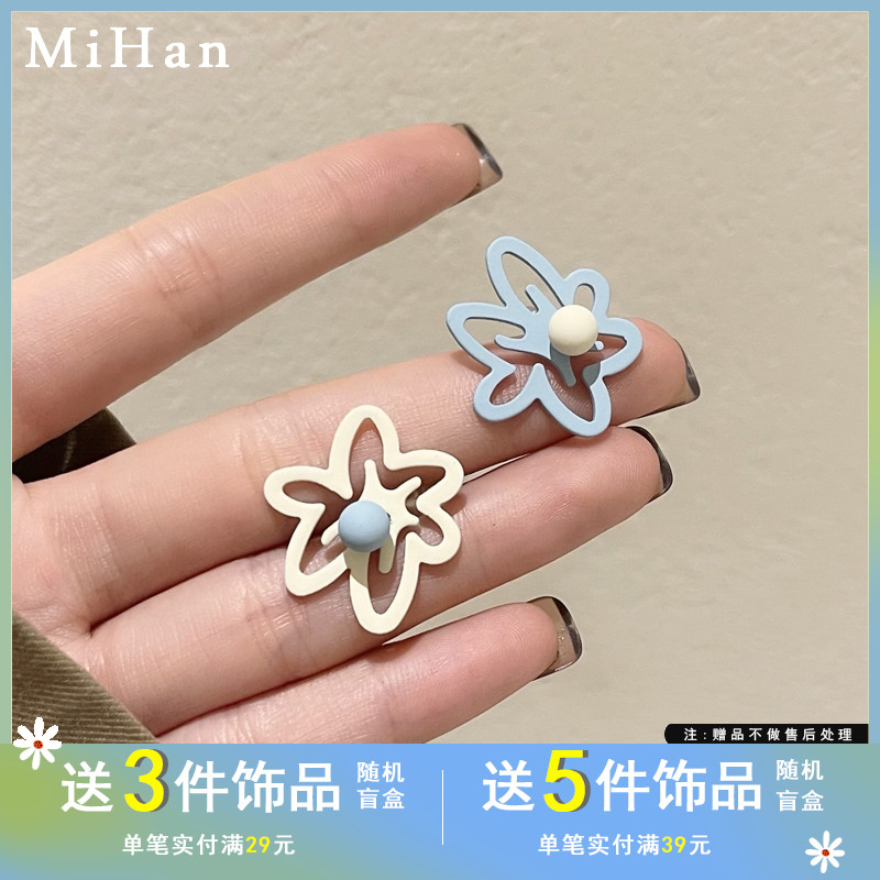 S925银针夏季新款花朵耳钉个性撞色镂空耳环ins风小清新耳饰女139