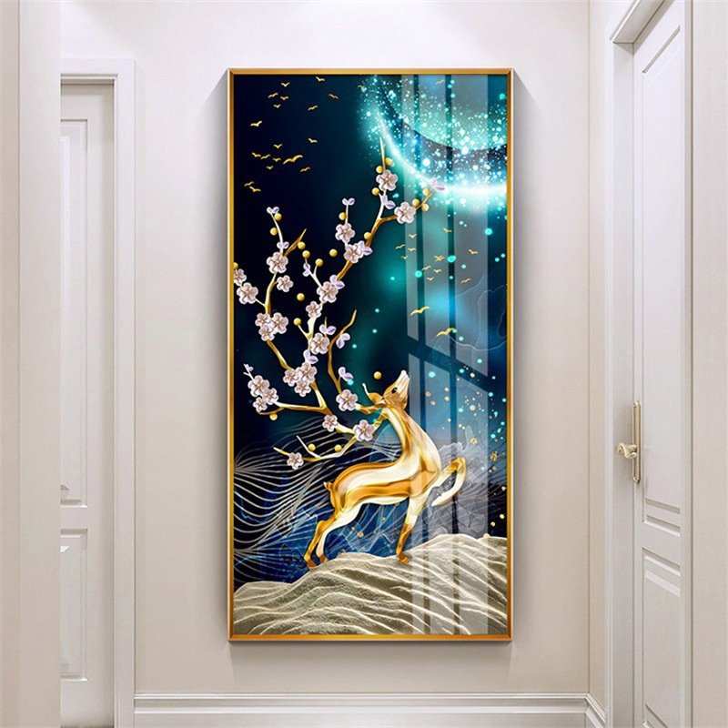 北欧简约现代5d钻石画发财麋鹿玄关贴钻十字绣钻石绣2021新款客厅