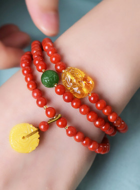 豆蔻时光 凉山南红玛瑙蜜蜡琥珀貔貅平安扣龙扣水晶玛瑙手链