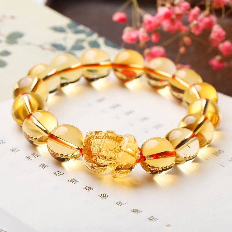 石玥珠宝 精品11-12mm黄水晶貔貅手链本命年转运珠手串男女士款