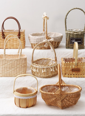 花篮鲜花包装花艺花店插花藤编手提婚礼花童干花包花编织手工篮子