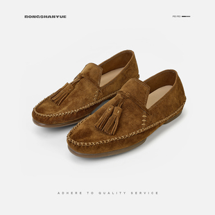 Rongshanyue复古流苏圆头一脚蹬乐福鞋女平底休闲豆豆鞋单鞋B1540