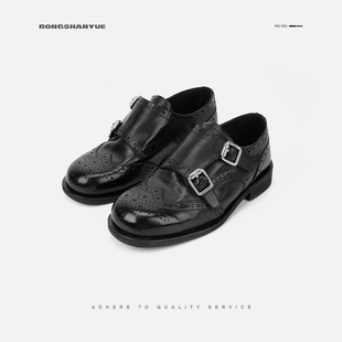 Rongshanyue牛皮布洛克女鞋双扣厚底英伦风乐福鞋小皮鞋女B1524