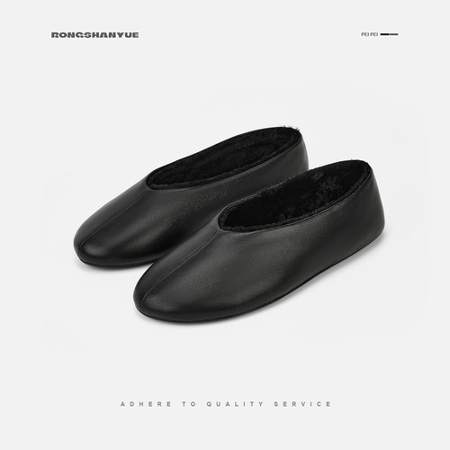 Rongshanyue松弛感慵懒风一脚蹬奶奶鞋单鞋女平底保暖毛毛鞋B1535
