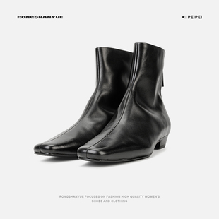 法式 方头粗跟洋气小短靴女B1452 软糖瘦瘦小踝靴2025新款