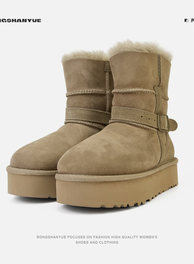 雪地靴女2025冬新款保暖厚底皮带扣短筒骑士靴B1486