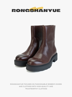 Rongshanyue英伦风水洗牛皮厚底切尔西靴复古拉链短靴子女B1422