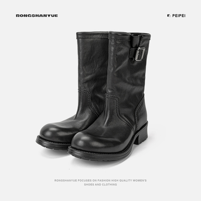 复古牛皮马丁靴女2025新款堆堆靴粗跟厚底机车靴B1451