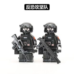 第三方反恐特战队特警军事人仔特种兵防暴警察拼装小颗粒积木玩具