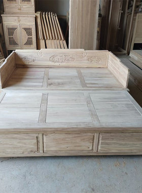 北榆木罗汉床实木彷古推拉床新中式床家俱白茬白胚抽屉民宿白茬打