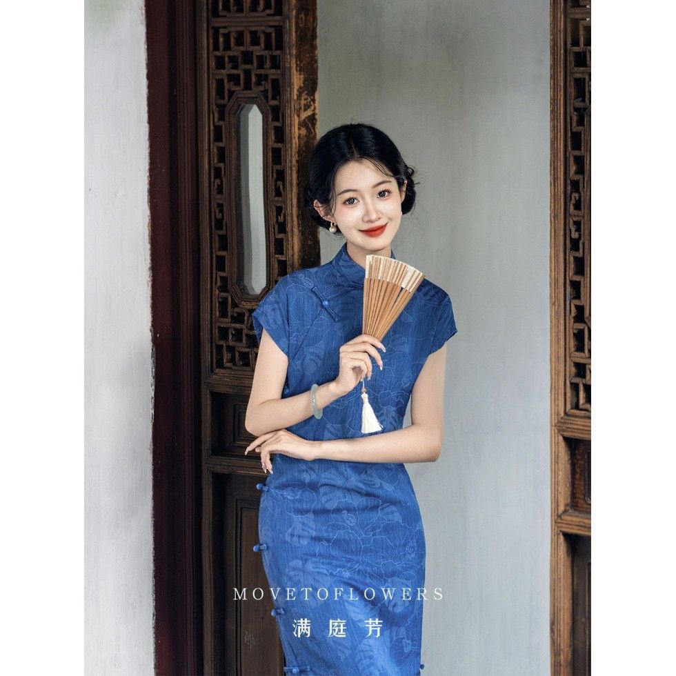 知愉 新中式改良蓝色旗袍女2025年春季气质新款日常可穿女裙子