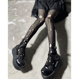 袜薄款 暗黑ins街头风性感镂空流星破洞网袜提花连裤 黑色丝袜女