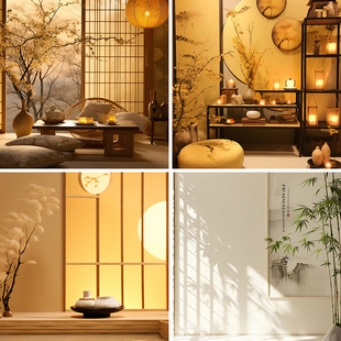 中式暖色灯光竹子直播背景布3d立体背景布直播间背景墙网红抖音快手喷绘高清可定制加厚场景布置高端感