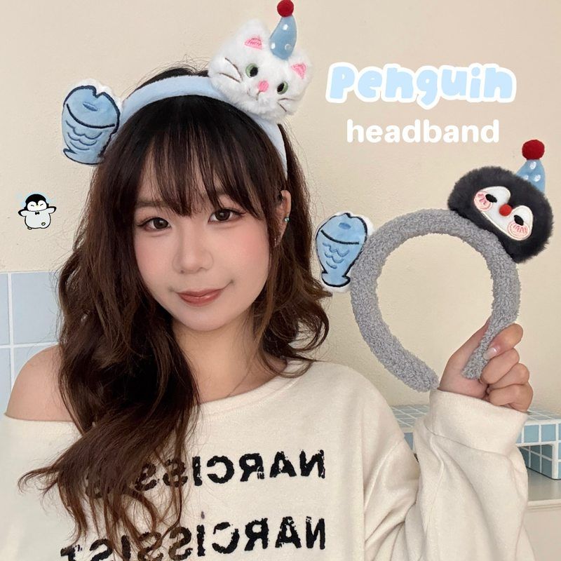 搞怪卡通萌趣猫咪小鱼发箍少女洗脸发卡头饰毛绒企鹅拍照道具头箍