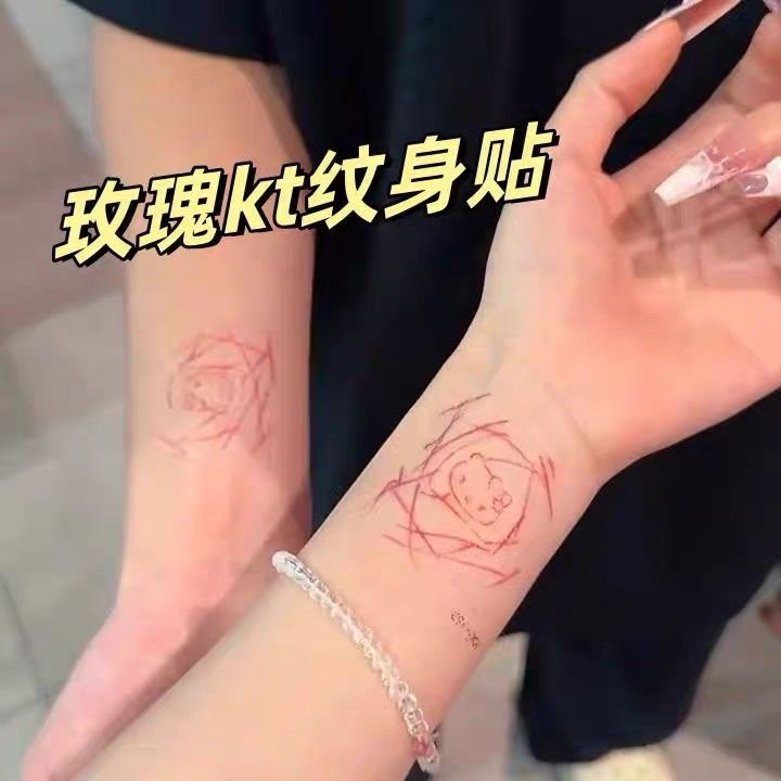 刀刻伤痕玫瑰KT猫彩色纹身贴防水持久手臂锁骨小众高级感辣妹ins
