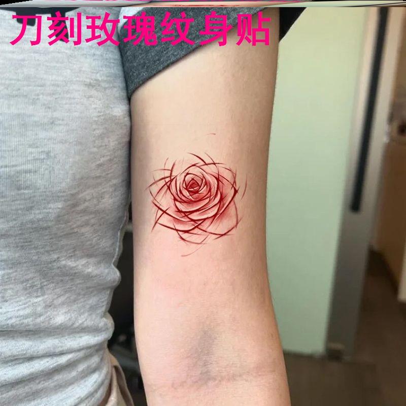 2026纹身贴ins高颜值甜酷红色遮疤防水刺青刀刻玫瑰纹身贴彩色贴