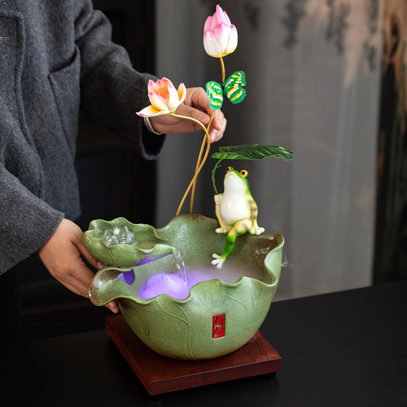 荷花流水摆件循环水生财装饰品新中式客厅玄关招财风水轮开业礼物