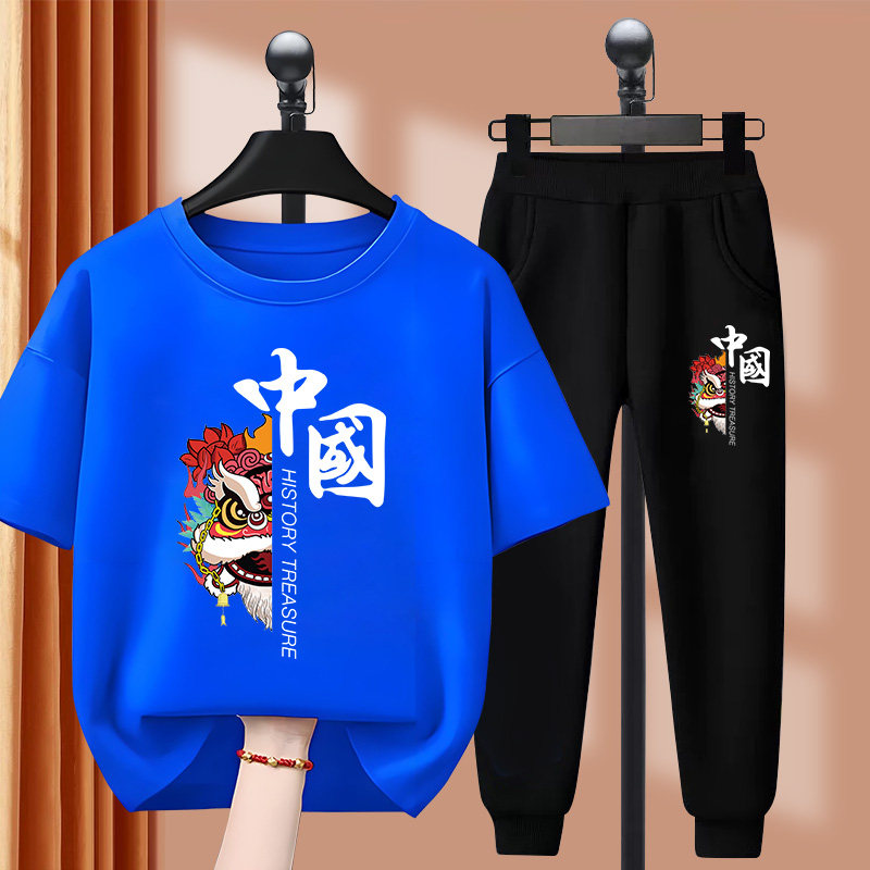 男童套装2025新款男孩夏季儿童醒狮短袖t恤中大童纯棉长裤两件套图片