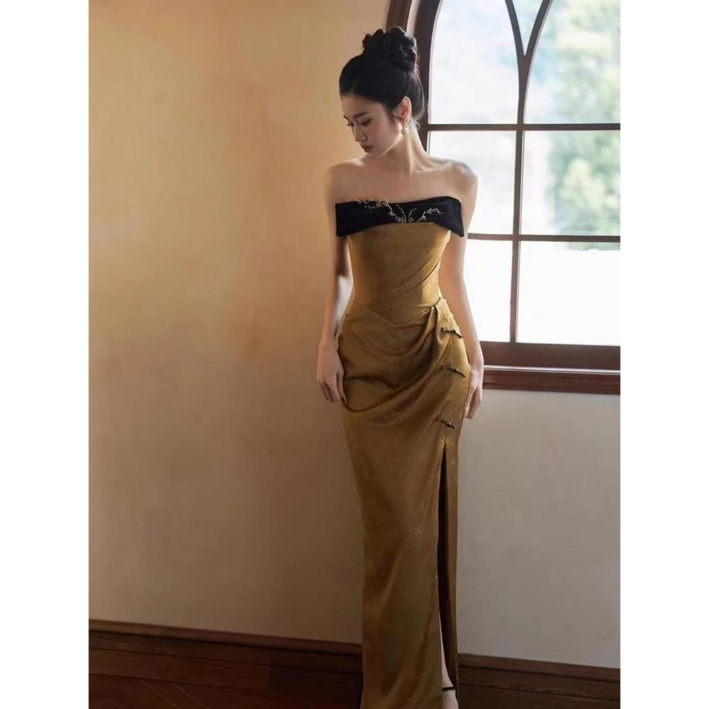 晨袍女2025新款高级感新中式抹胸敬酒服小众复古开衩新娘订婚礼裙