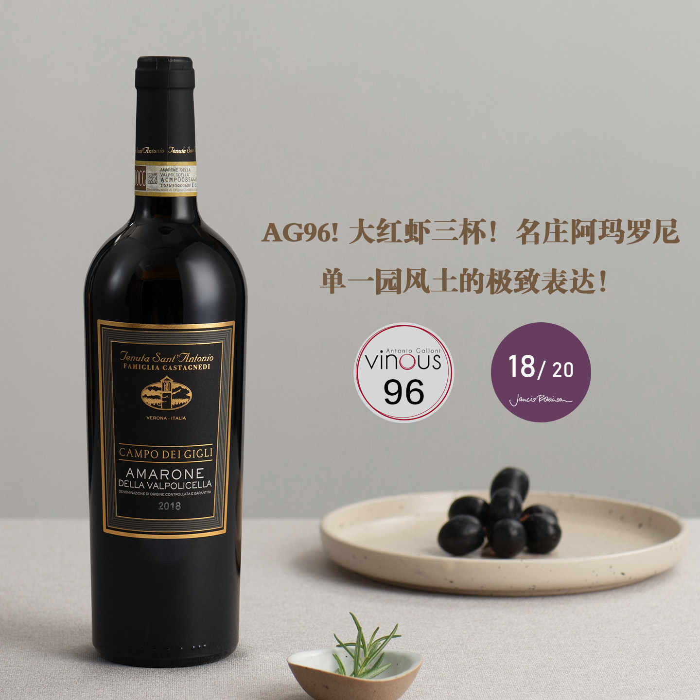 AG96！大红虾三杯！名庄Amarone 意大利百合园阿玛罗尼干红葡萄酒