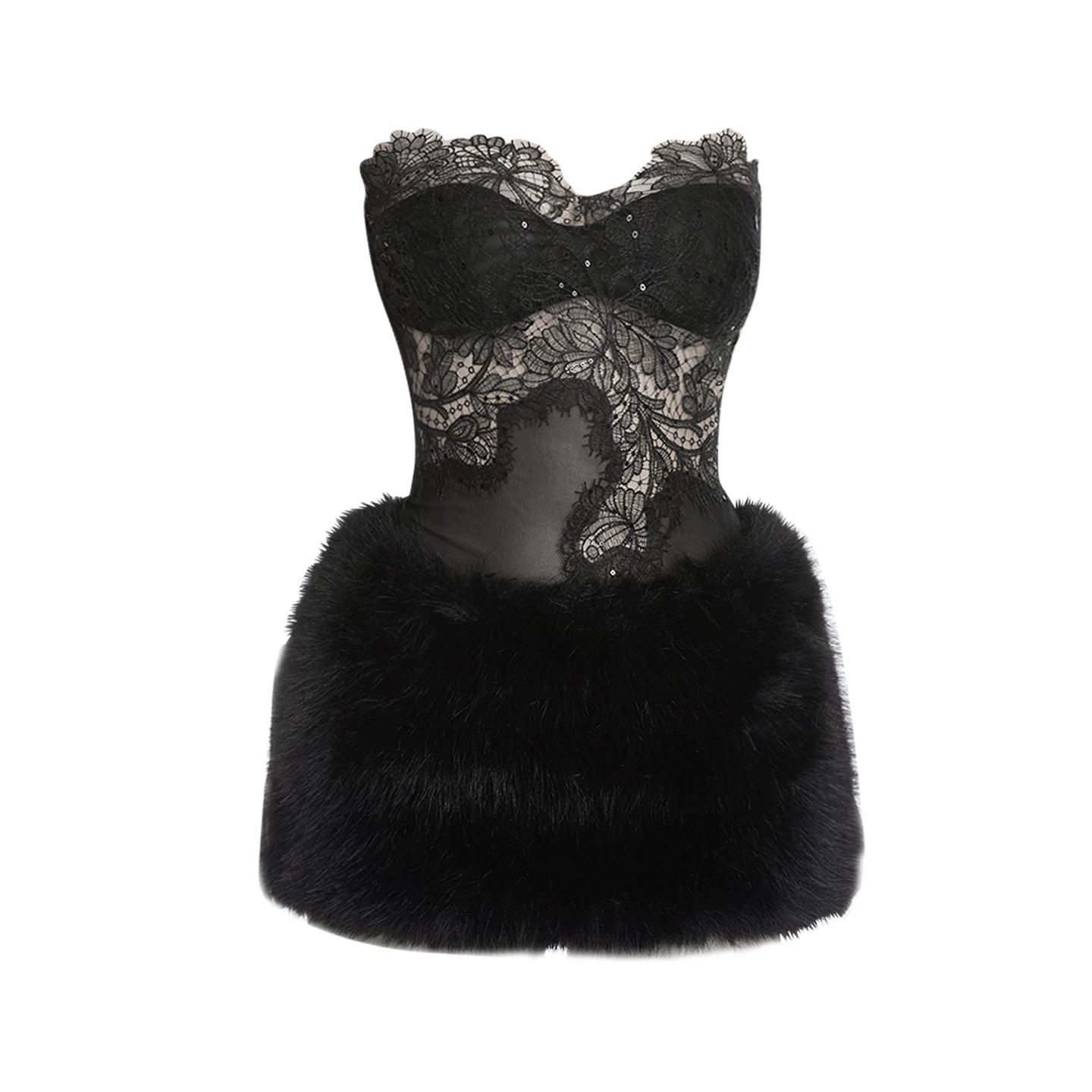 黑色蕾丝性感气质抹胸女搭配蛋糕毛毛短裙连衣裙