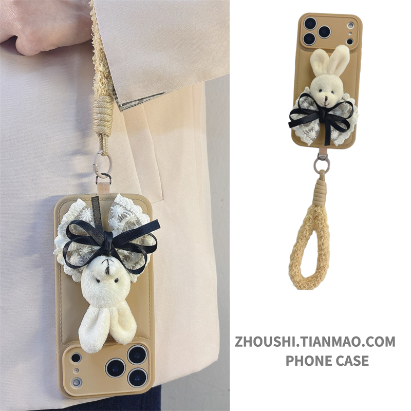 秋冬卡其毛绒立体小熊蝴蝶结适用小米17/15/14/13手机壳pro高级红米note14/12/11新款K70女K60挂绳K50保护套
