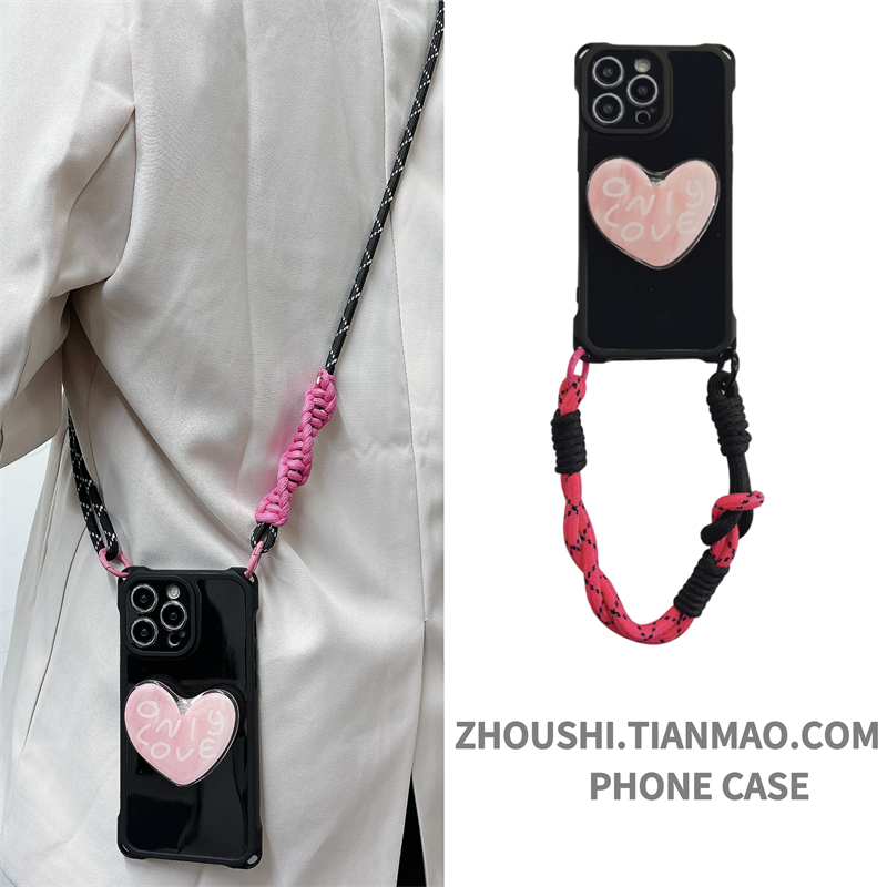 粉色爱心气囊支架适用苹果16手机壳15plus新款13挂绳斜挎可背iPhone14promax防摔12新款11小众15女手腕绳高级