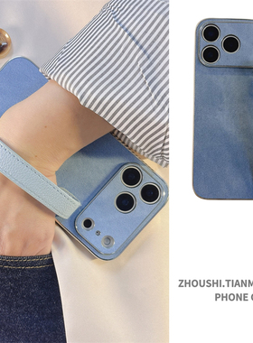 牛仔蓝色腕带秋冬皮纹适用荣耀400pro手机壳300/200/100防摔90gt高级感magic8/7女简约80新款70/x60保护套潮