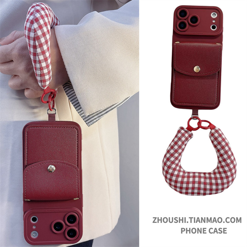 酒红色格子手提卡包手绳适用荣耀400pro手机壳300/200/100防摔90gt高级感magic8/7女80新款70/x60保护套腕带