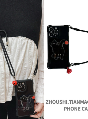黑色猫咪支架简约大气铃铛手绳适用oppo RENO13/12/11/10/9/8/7/6/5手机壳pro挂脖绳A58保护套A72/A55防摔女