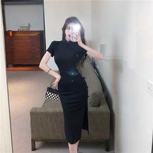 中式 高级感气质小黑裙收腰显瘦包臀长裙 复古盘扣旗袍连衣裙女夏季