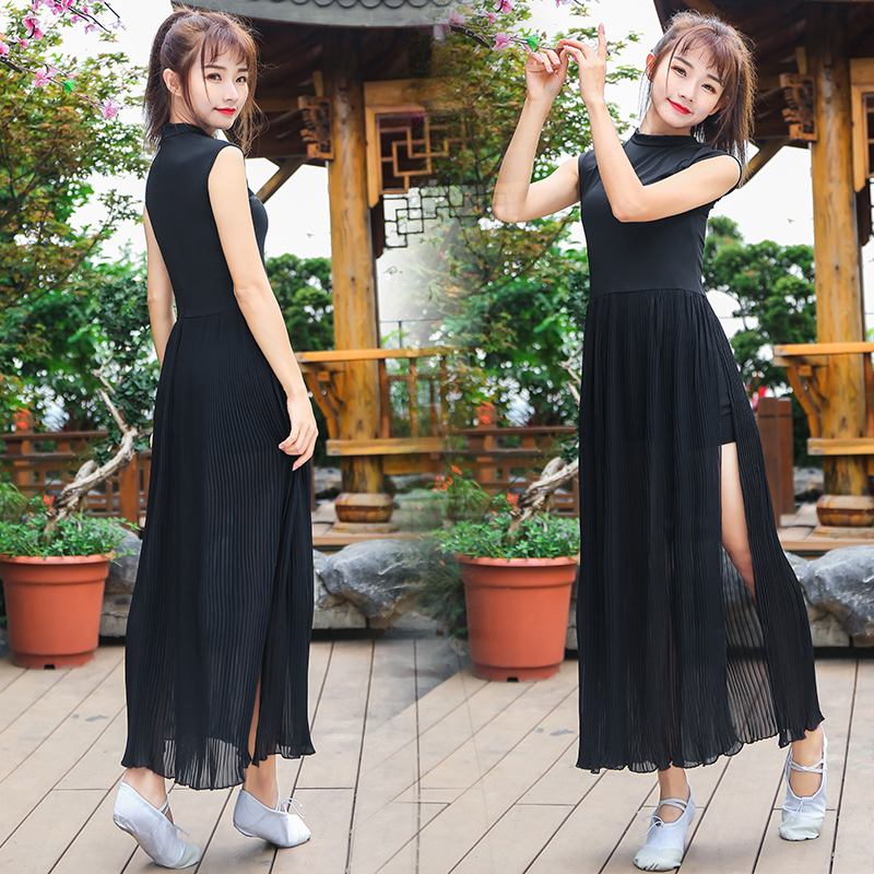黑色现代舞服装芳华舞蹈表演演出服百褶舞裙成人开叉连衣裙女无袖