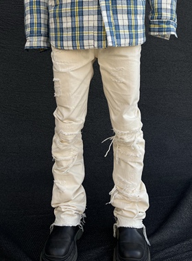 Without Me/黑色米白色糜烂破坏补丁微喇叭水洗牛仔裤高街长裤