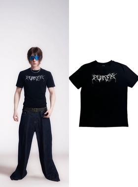 Without Me/PunkFK烫闪银LOGO修身黑色短袖Tee双纱索罗娜弹力精棉