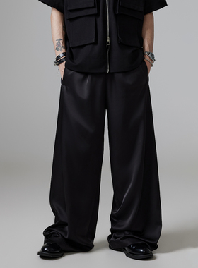 WithoutMe/INSOMNIA薄款新中式黑色宽松垂坠感阔腿直筒休闲裤男女